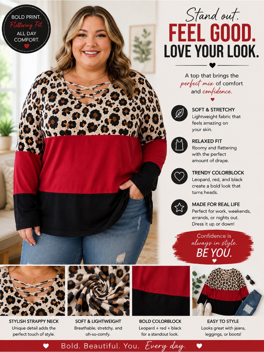 Leopard Colorblock Strappy Neck Top - Red/Black/Cream